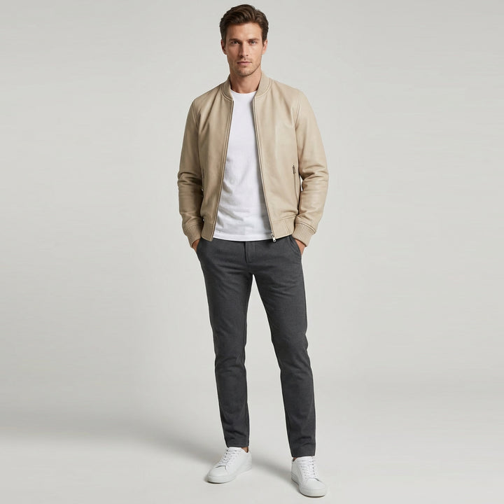 Mens Real Soft Leather Bomber Jacket MA-1 Varsity Style Torque Beige