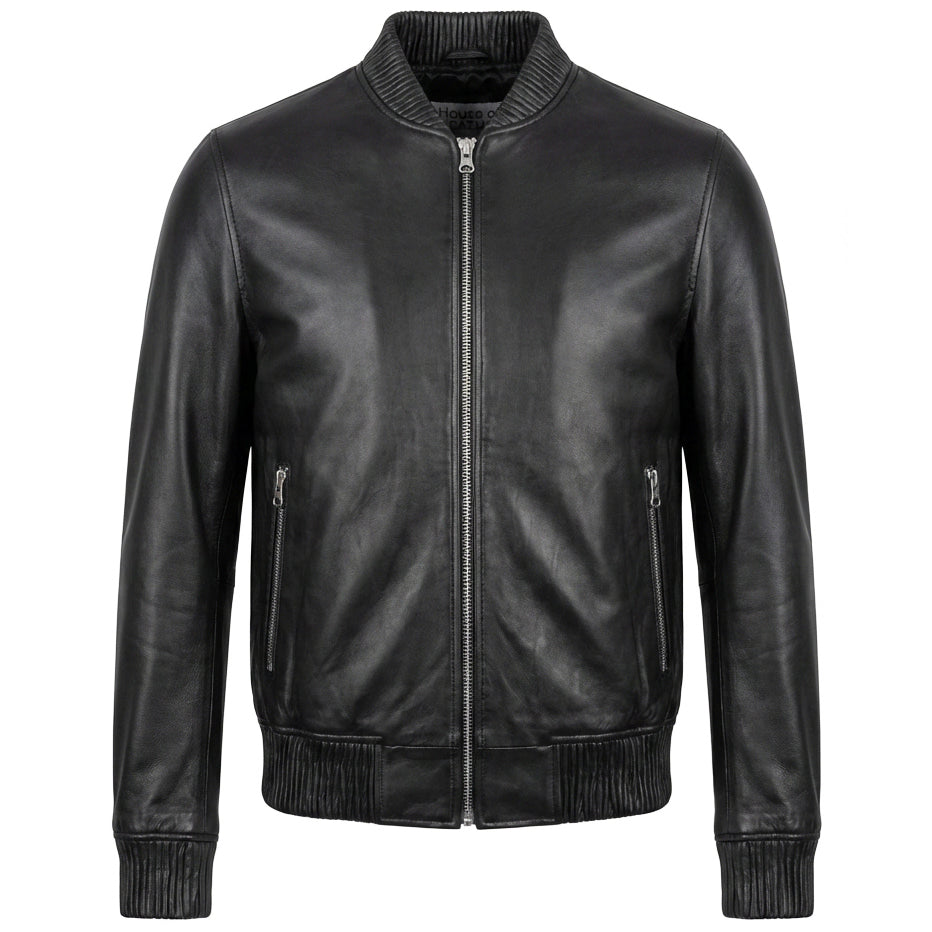 Mens Real Soft Leather Bomber Jacket MA-1 Varsity Style Torque Black