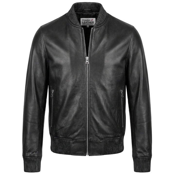 Mens Real Soft Leather Bomber Jacket MA-1 Varsity Style Torque Black