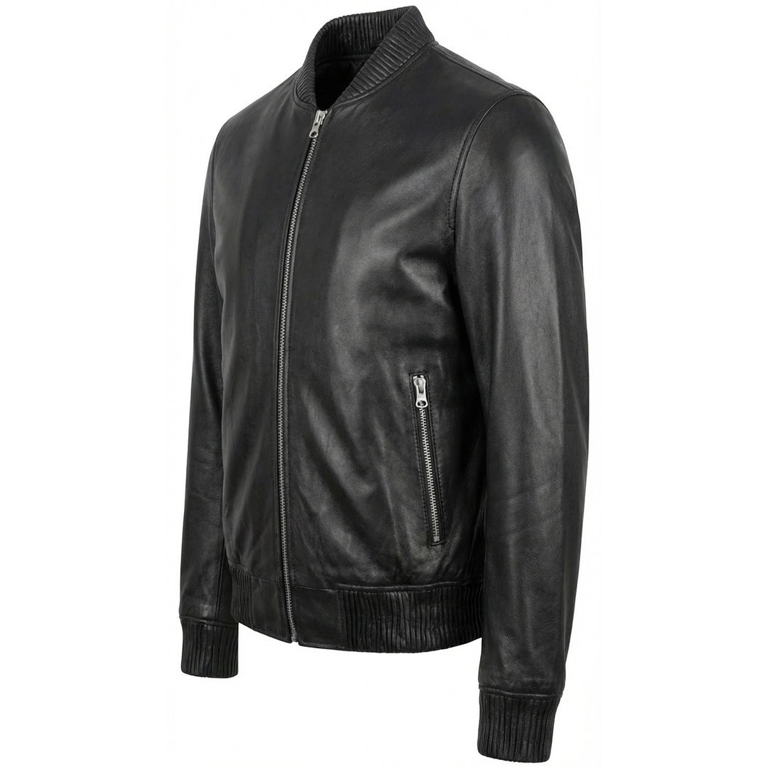 Mens Real Soft Leather Bomber Jacket MA-1 Varsity Style Torque Black