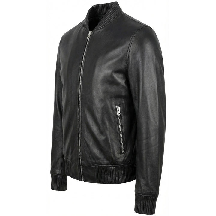 Mens Real Soft Leather Bomber Jacket MA-1 Varsity Style Torque Black