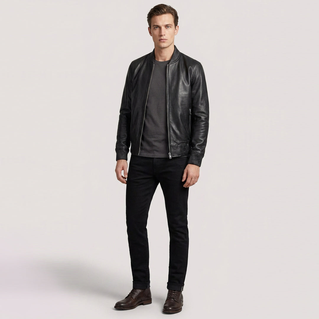 Mens Real Soft Leather Bomber Jacket MA-1 Varsity Style Torque Black