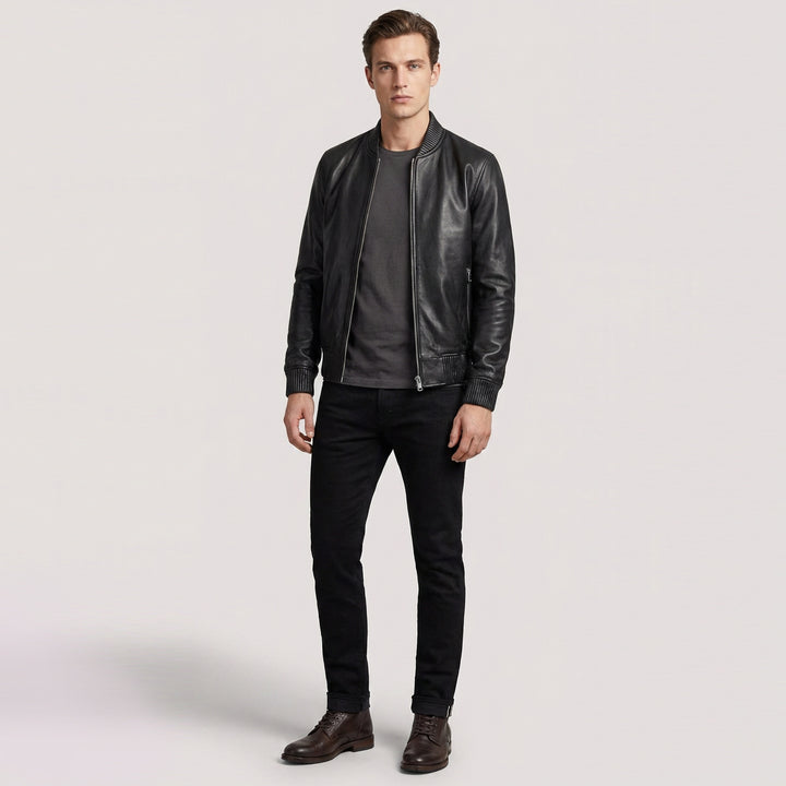 Mens Real Soft Leather Bomber Jacket MA-1 Varsity Style Torque Black