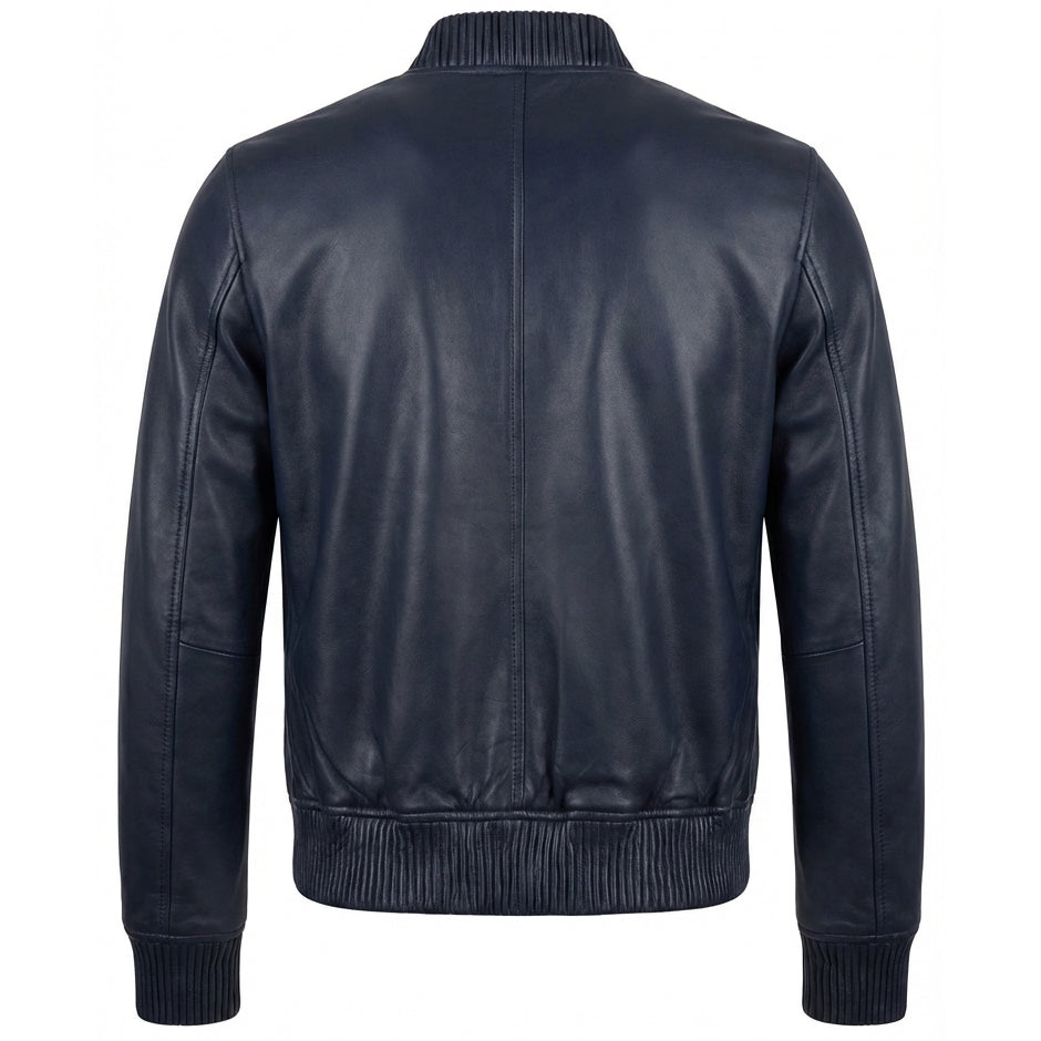 Mens Real Soft Leather Bomber Jacket MA-1 Varsity Style Torque Navy