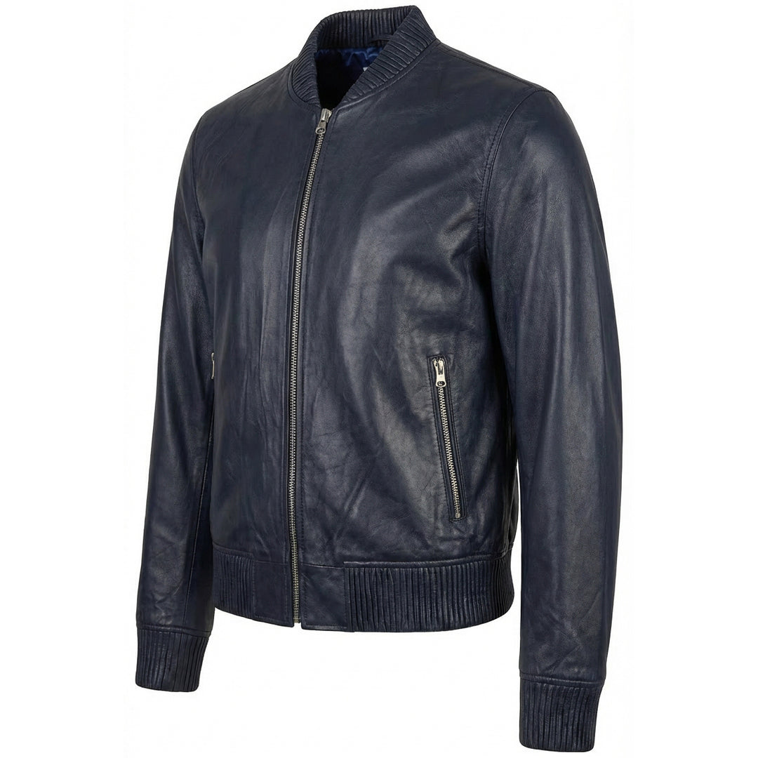 Mens Real Soft Leather Bomber Jacket MA-1 Varsity Style Torque Navy