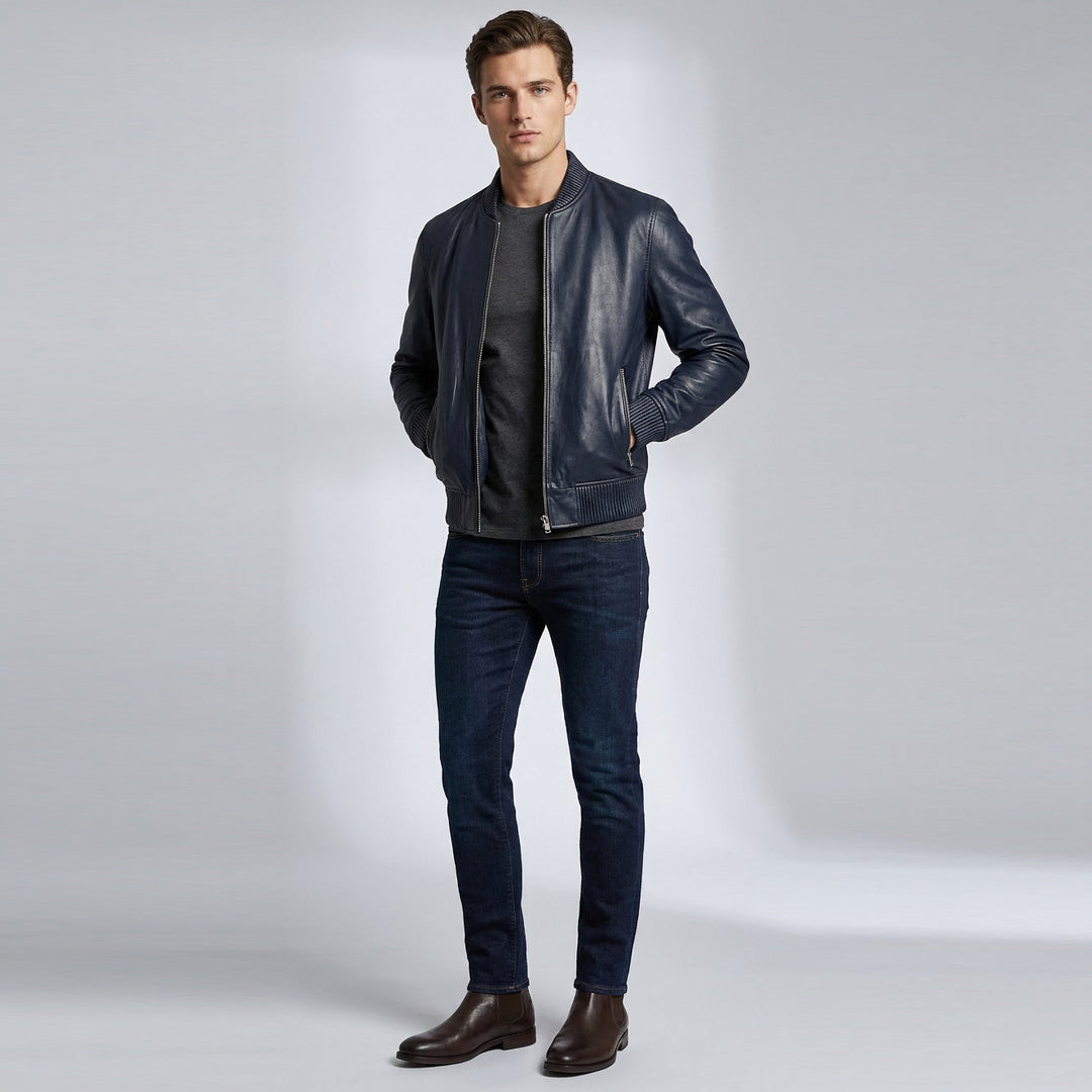 Mens Real Soft Leather Bomber Jacket MA-1 Varsity Style Torque Navy