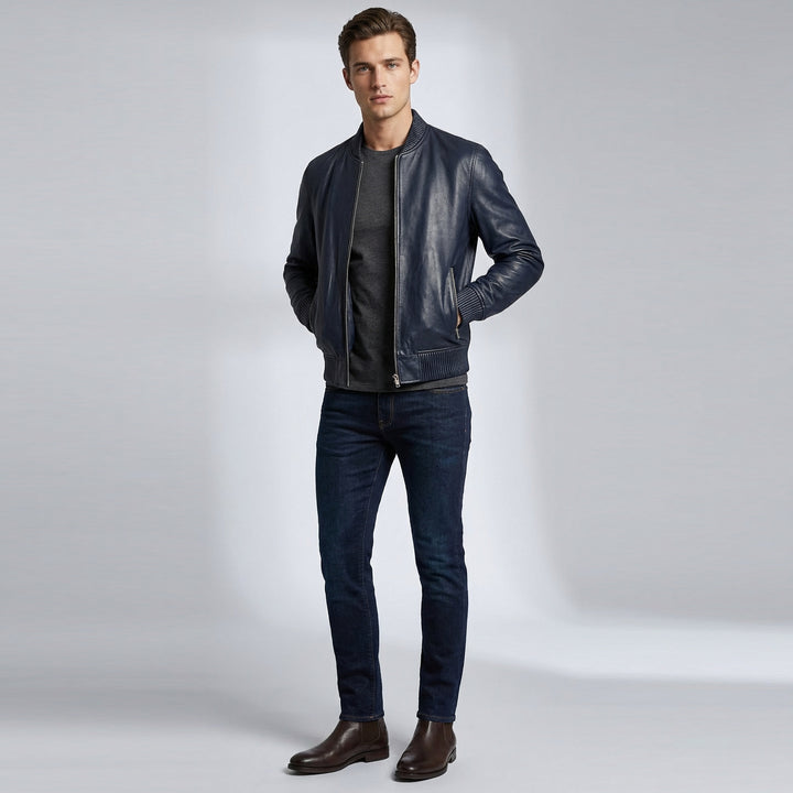 Mens Real Soft Leather Bomber Jacket MA-1 Varsity Style Torque Navy