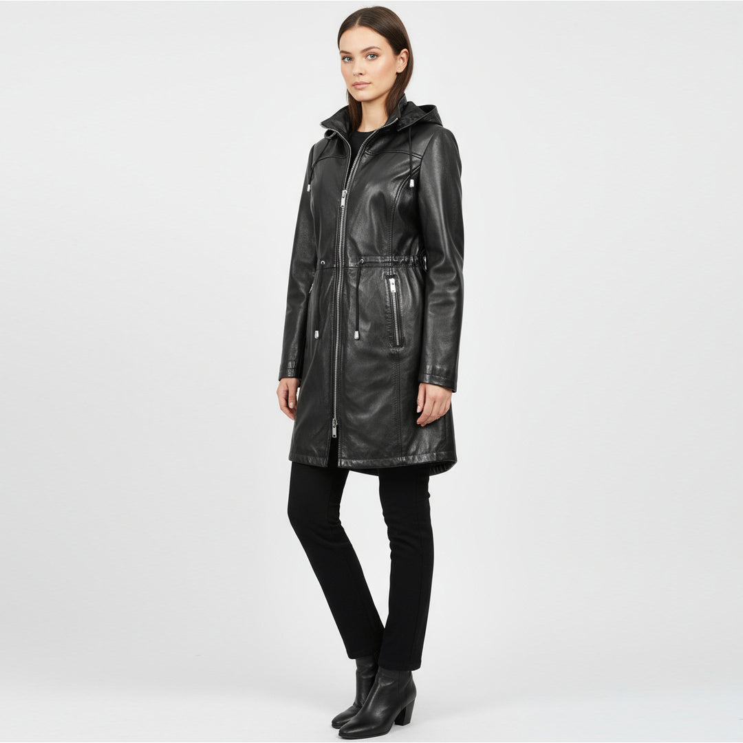 Womens Real Leather Hooded Parka Coat Tyra Black