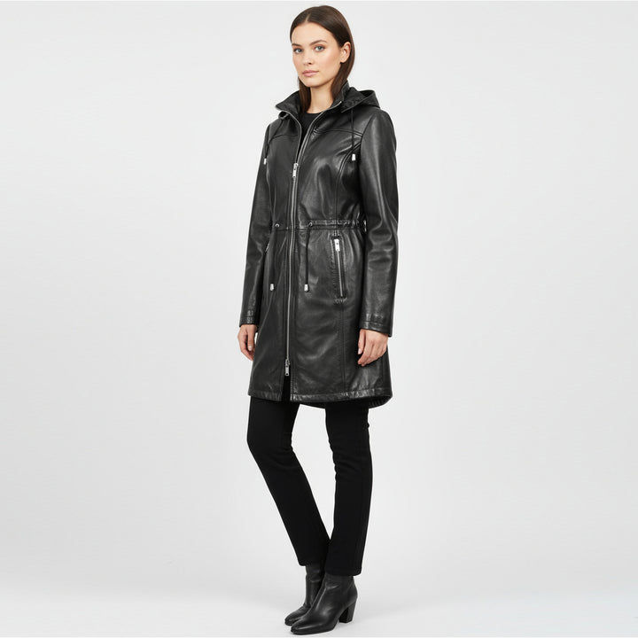 Womens Real Leather Hooded Parka Coat Tyra Black