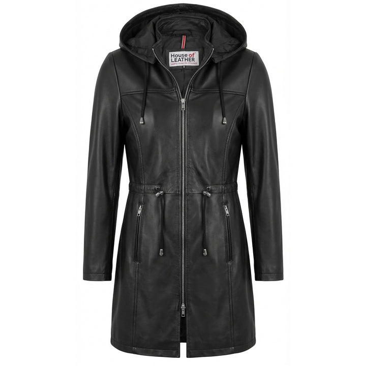 Womens Real Leather Hooded Parka Coat Tyra Black