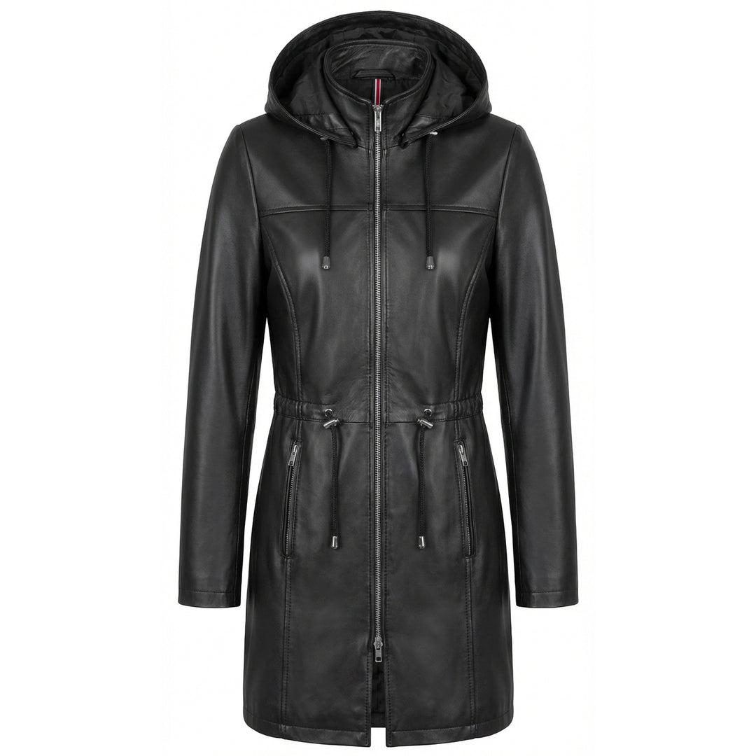 Womens Real Leather Hooded Parka Coat Tyra Black