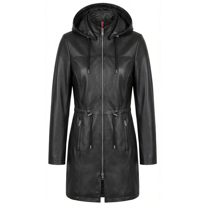 Womens Real Leather Hooded Parka Coat Tyra Black