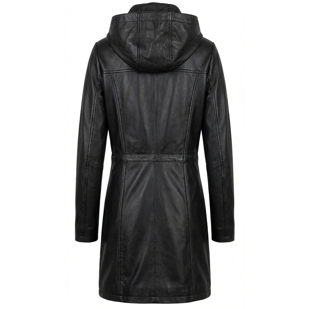 Womens Real Leather Hooded Parka Coat Tyra Black