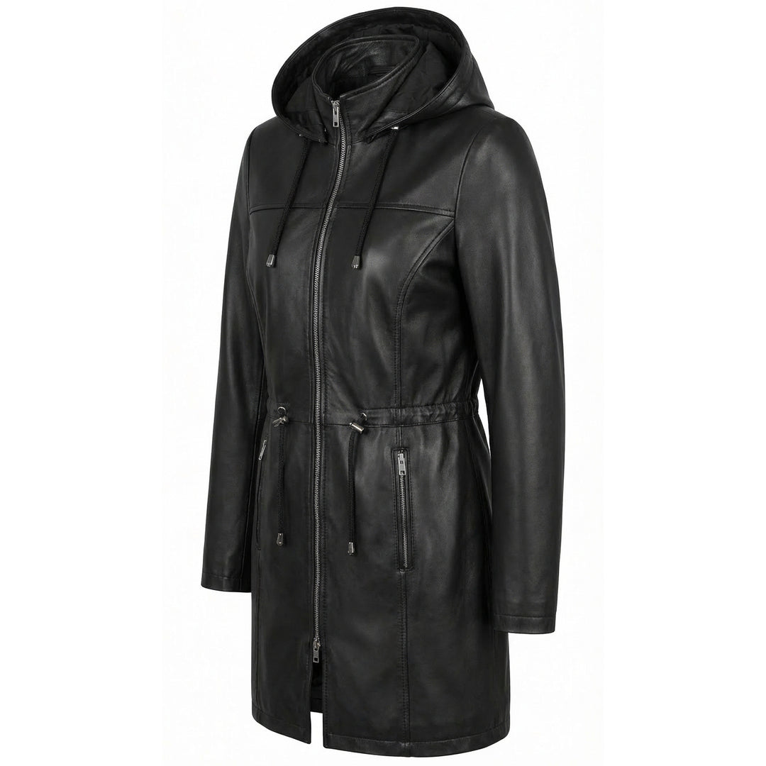 Womens Real Leather Hooded Parka Coat Tyra Black