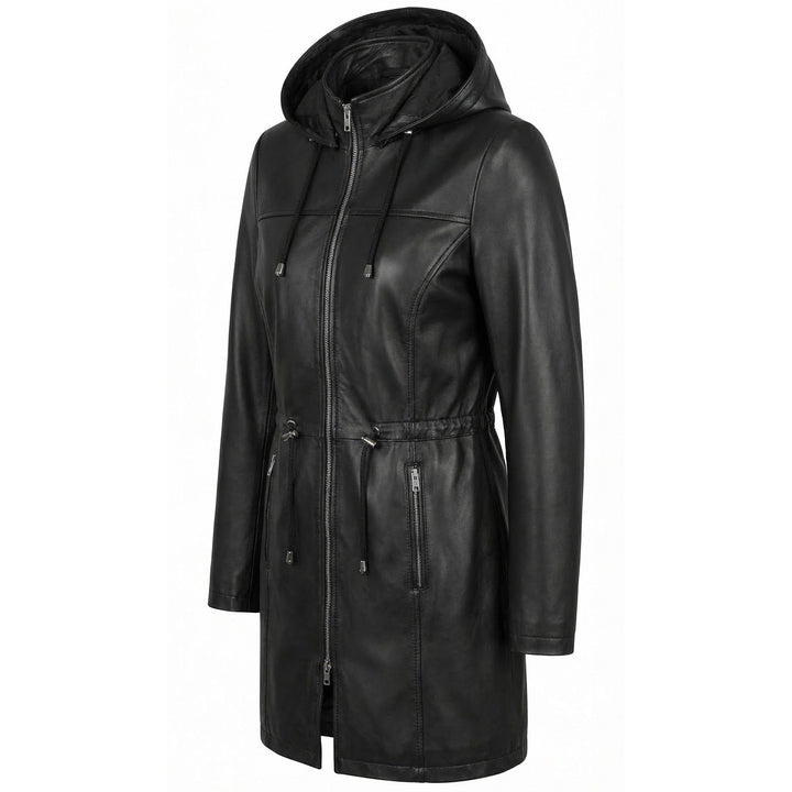 Womens Real Leather Hooded Parka Coat Tyra Black