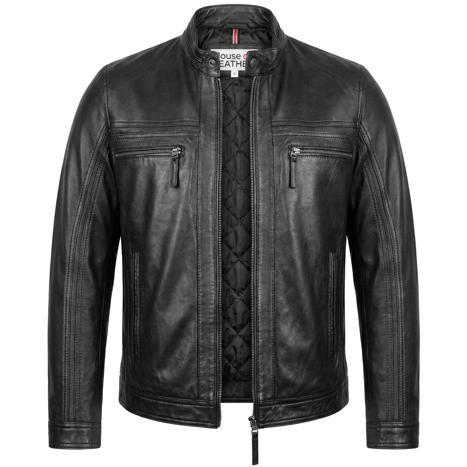 Mens Leather Cafe Racer Biker Jacket Charlie Black