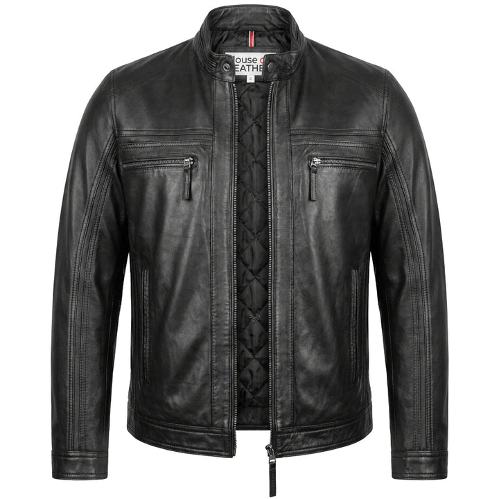 Mens Leather Cafe Racer Biker Jacket Charlie Black