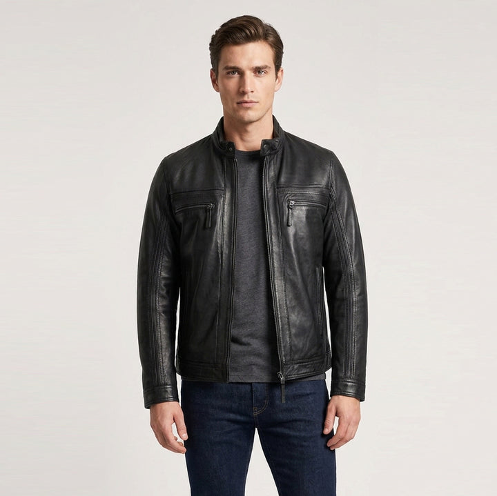 Mens Leather Cafe Racer Biker Jacket Charlie Black