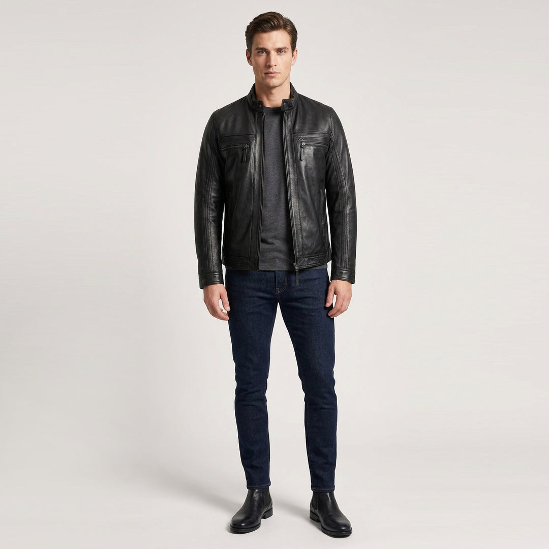 Mens Leather Cafe Racer Biker Jacket Charlie Black