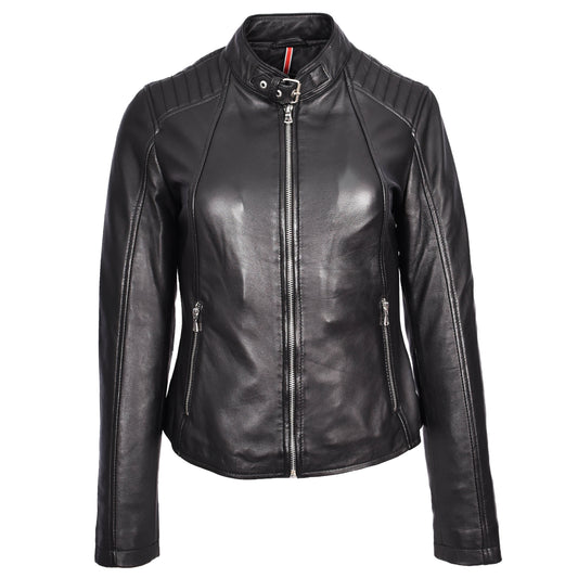 Womens Real Leather Classic Biker Jacket Sophia Black