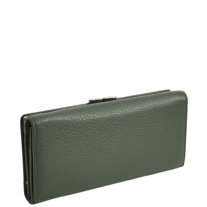 Womens Real Leather Purse Envelope Style with Metal Frame Large Size Clutch Wallet Cumbria Olive Green