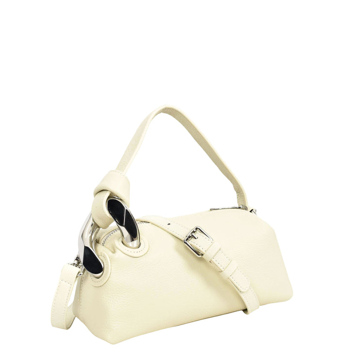 Womens Real Leather Handbag Small Size with Adjustable Strap Amara Off White
