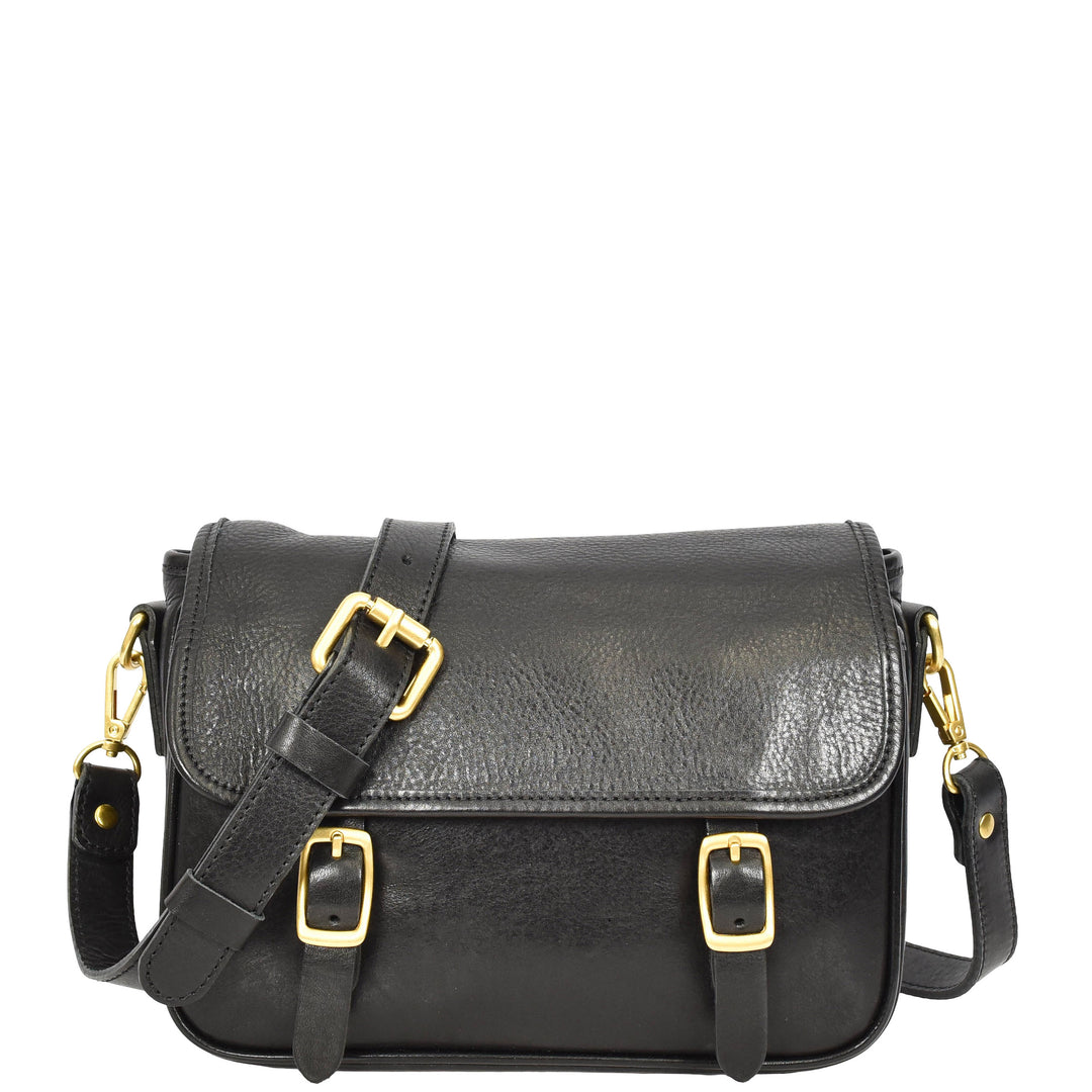 Womens Classic Premium Leather Messenger Cross Body Bag Helen Black