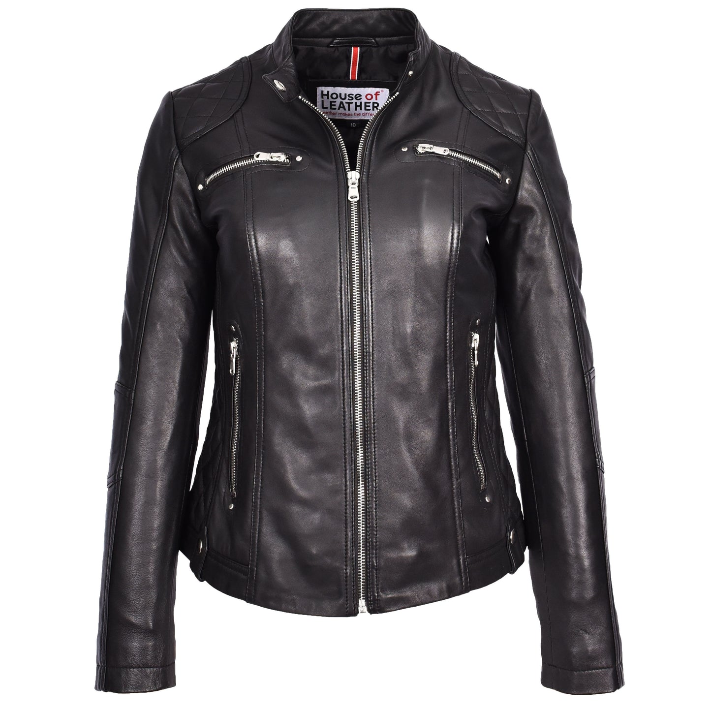 Womens Soft Black Leather Biker Jacket Fitted Quilted Casual Cafe Racer Style Zip Fasten Fiona