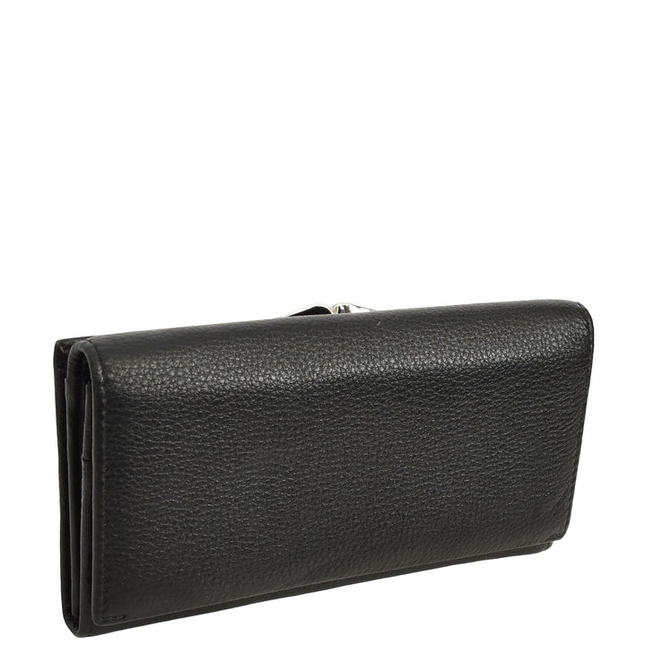 Womens Real Leather Purse Envelope Style with Metal Frame Large Size Clutch Wallet Cumbria Black