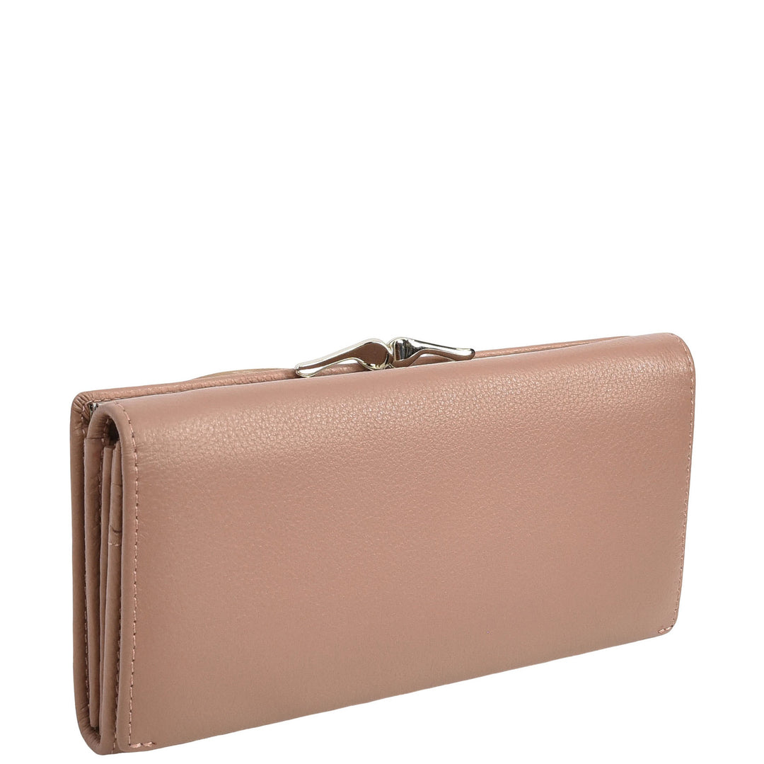 Womens Real Leather Purse Envelope Style with Metal Frame Large Size Clutch Wallet Cumbria Pink