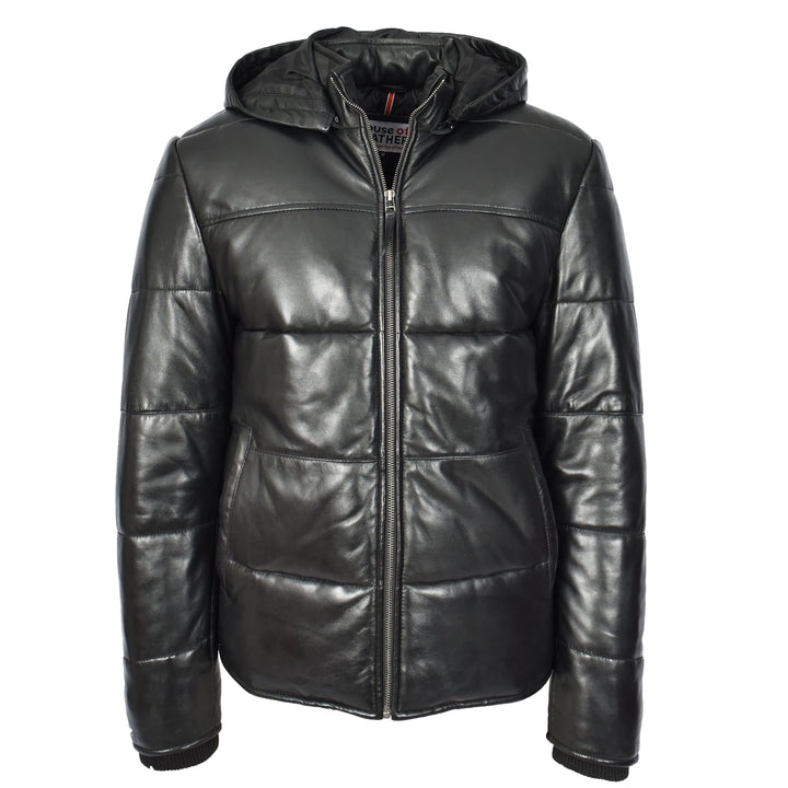Men's Black Leather Puffer Jacket With Detachable Hood Quilted Padded Outerwear Rory