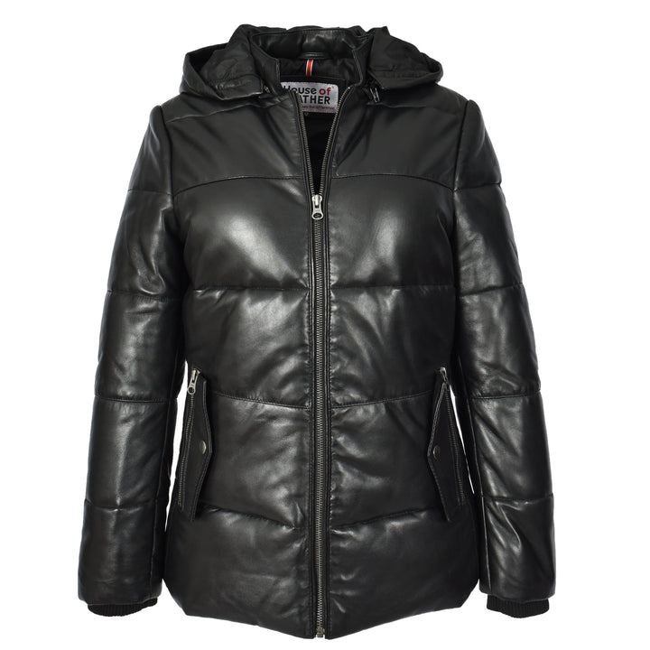 Women's Black Genuine Leather Puffer Jacket Quilted Coat With Removable Hood Padded Design Myra