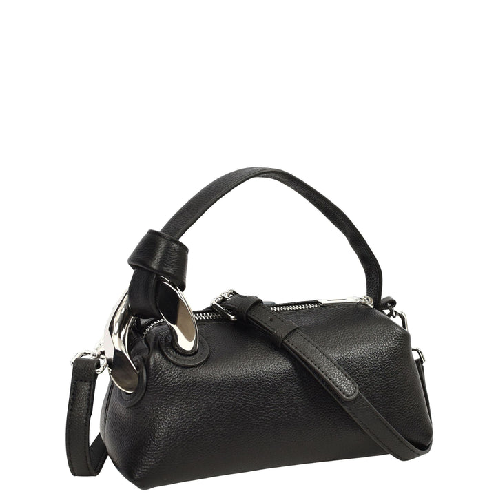 Womens Real Leather Handbag Small Size with Adjustable Strap Amara Black