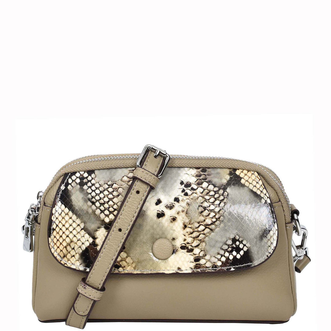 Women's Leather Crossbody Sling Bag Small Exotic Snake-Print Sahara Beige 1