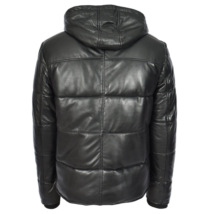 Men's Black Leather Puffer Jacket With Detachable Hood Quilted Padded Outerwear Rory