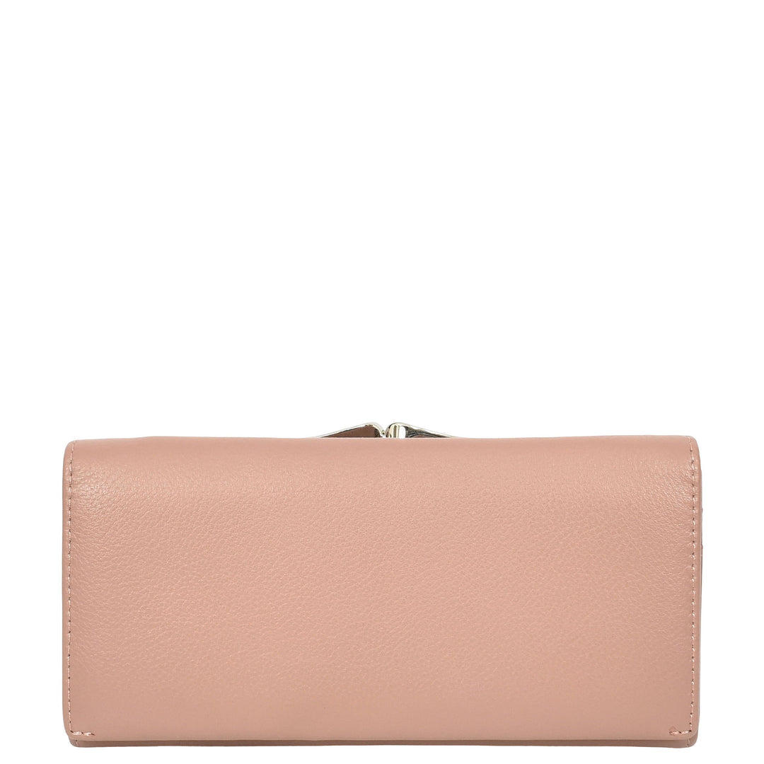 Womens Real Leather Purse Envelope Style with Metal Frame Large Size Clutch Wallet Cumbria Pink