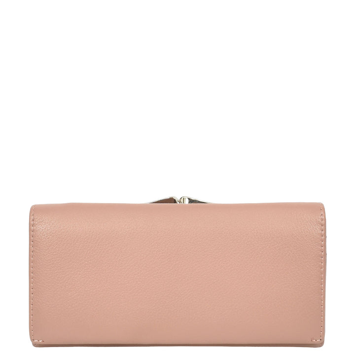 Womens Real Leather Purse Envelope Style with Metal Frame Large Size Clutch Wallet Cumbria Pink
