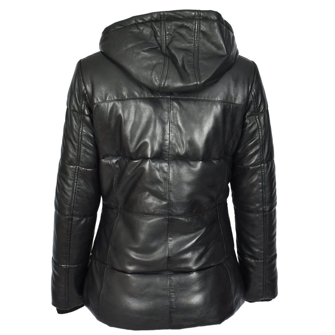 Women's Black Genuine Leather Puffer Jacket Quilted Coat With Removable Hood Padded Design Myra