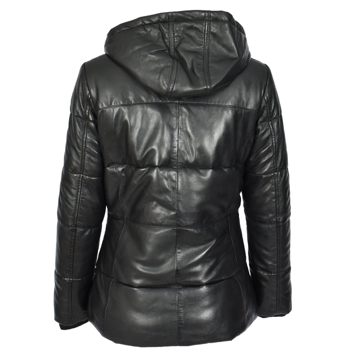 Women's Black Genuine Leather Puffer Jacket Quilted Coat With Removable Hood Padded Design Myra