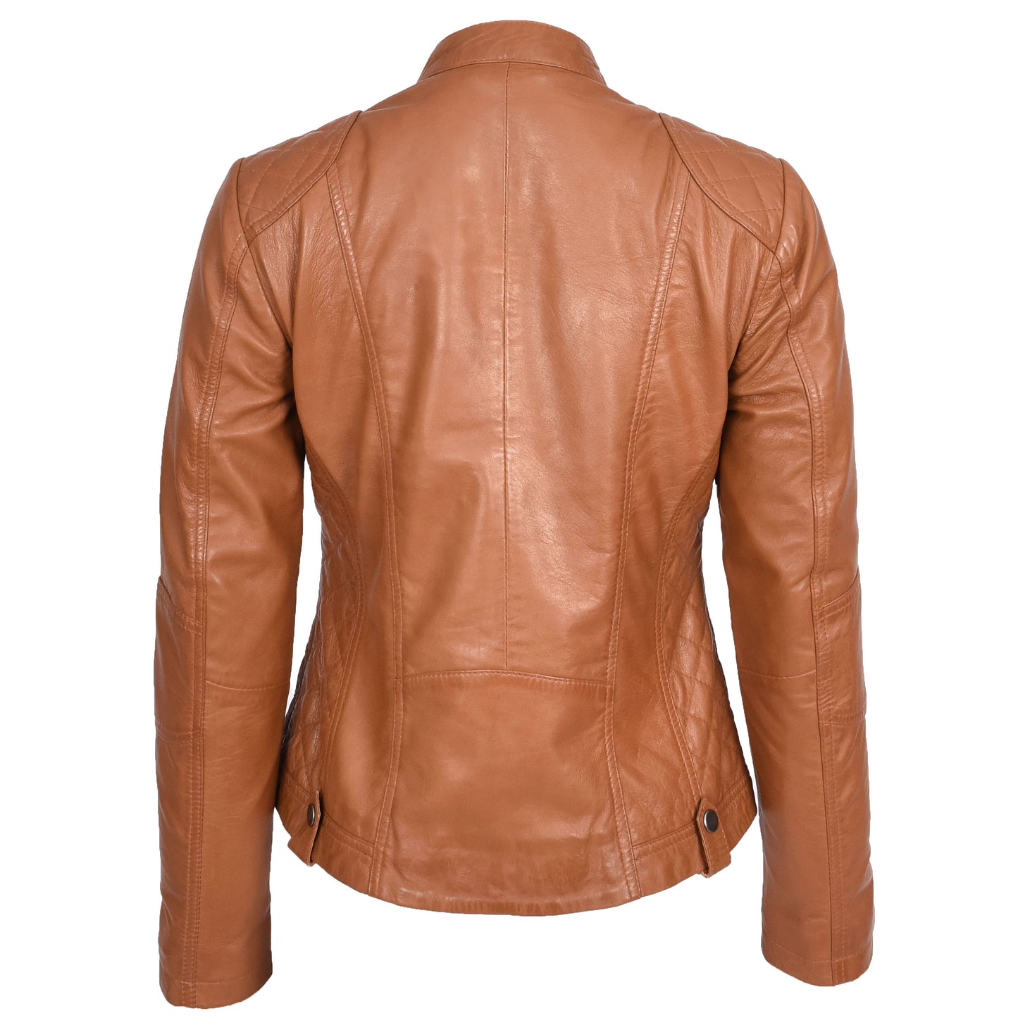 Womens Soft Tan Leather Biker Jacket Fitted Quilted Casual Cafe Racer Style Zip Fasten Fiona