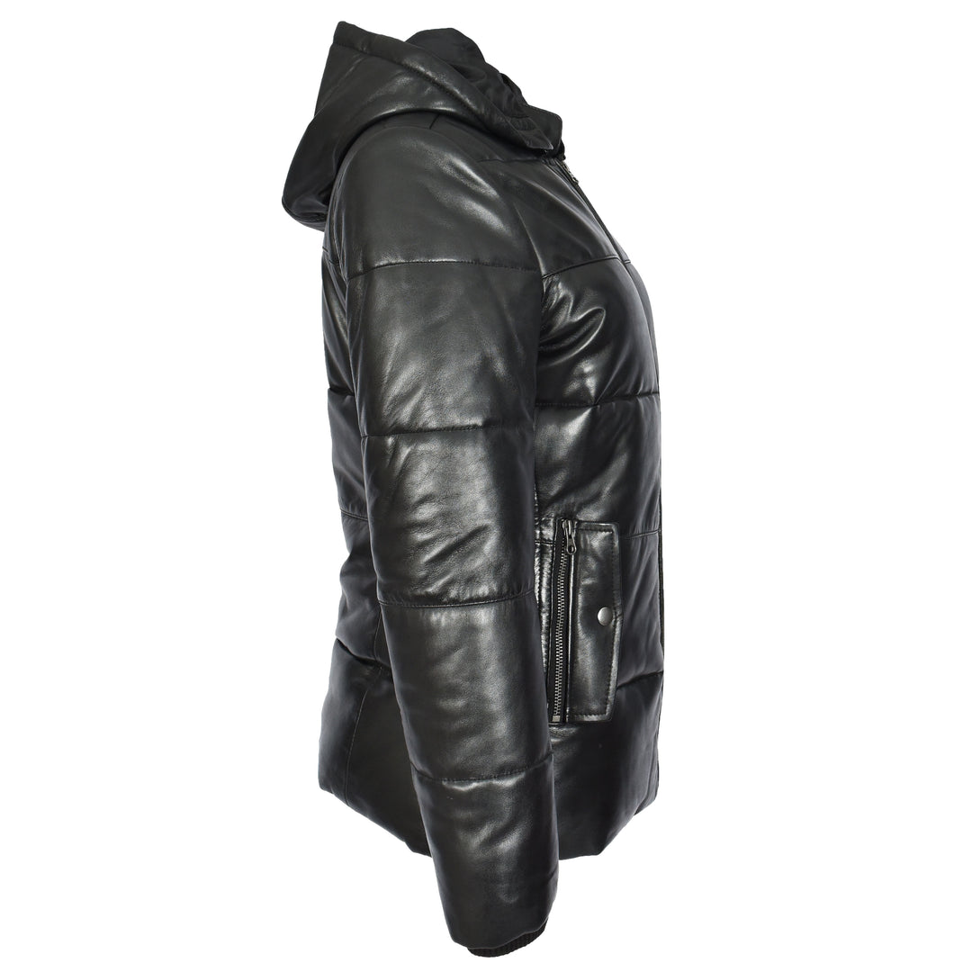 Women's Black Genuine Leather Puffer Jacket Quilted Coat With Removable Hood Padded Design Myra