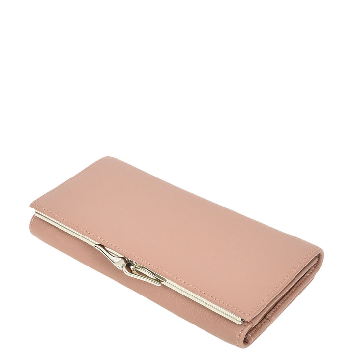 Womens Real Leather Purse Envelope Style with Metal Frame Large Size Clutch Wallet Cumbria Pink