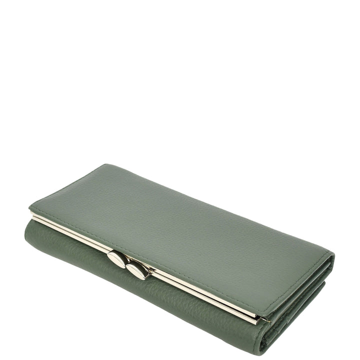 Womens Real Leather Purse Envelope Style with Metal Frame Large Size Clutch Wallet Cumbria Olive Green