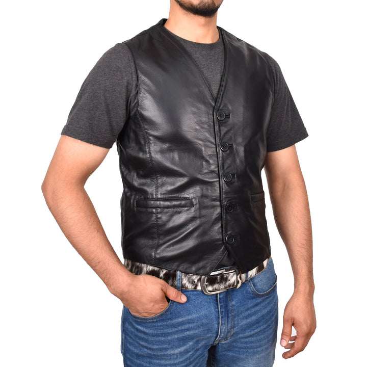 Mens Button Fastening Leather Waistcoat Nick Black