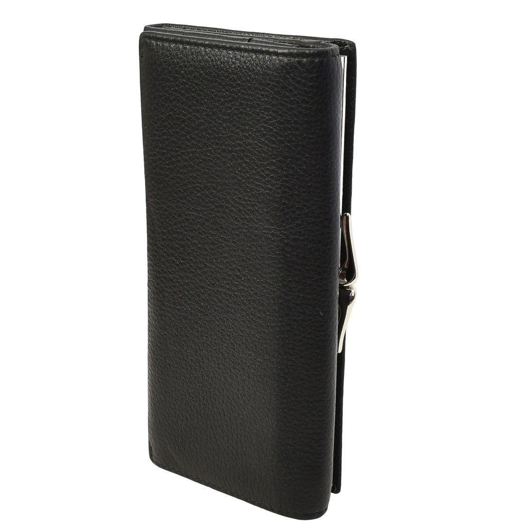 Womens Real Leather Purse Envelope Style with Metal Frame Large Size Clutch Wallet Cumbria Black