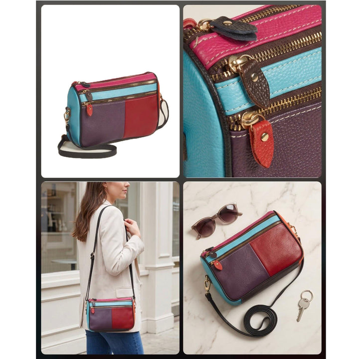 Women's Real Cowhide Leather Multicolour Patchwork Crossbody Bag Colour Block Design HOL309