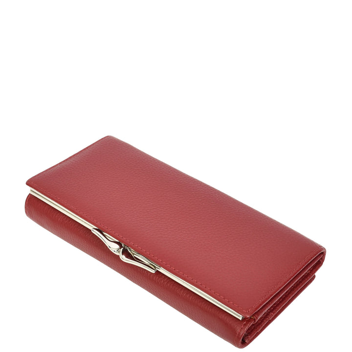 Womens Real Leather Purse Envelope Style with Metal Frame Large Size Clutch Wallet Cumbria Red