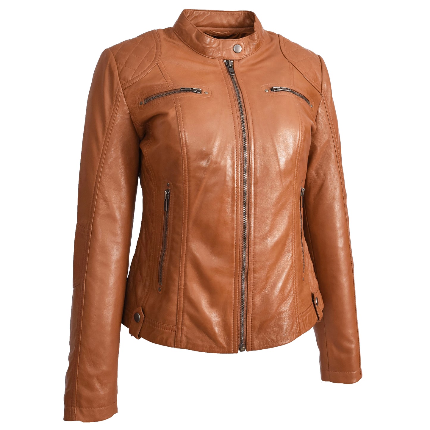 Womens Soft Tan Leather Biker Jacket Fitted Quilted Casual Cafe Racer Style Zip Fasten Fiona