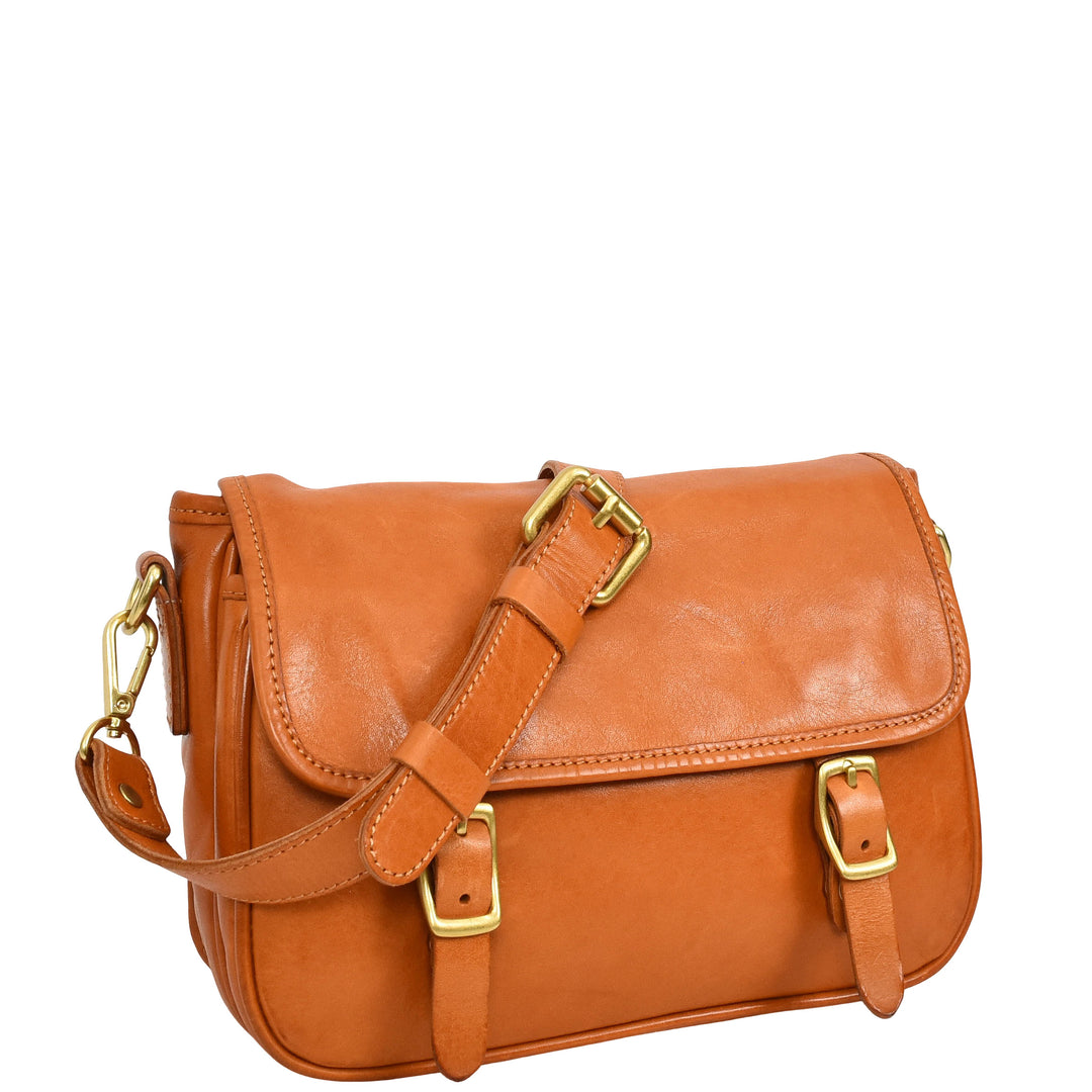 Womens Classic Premium Leather Messenger Cross Body Bag Helen Tan