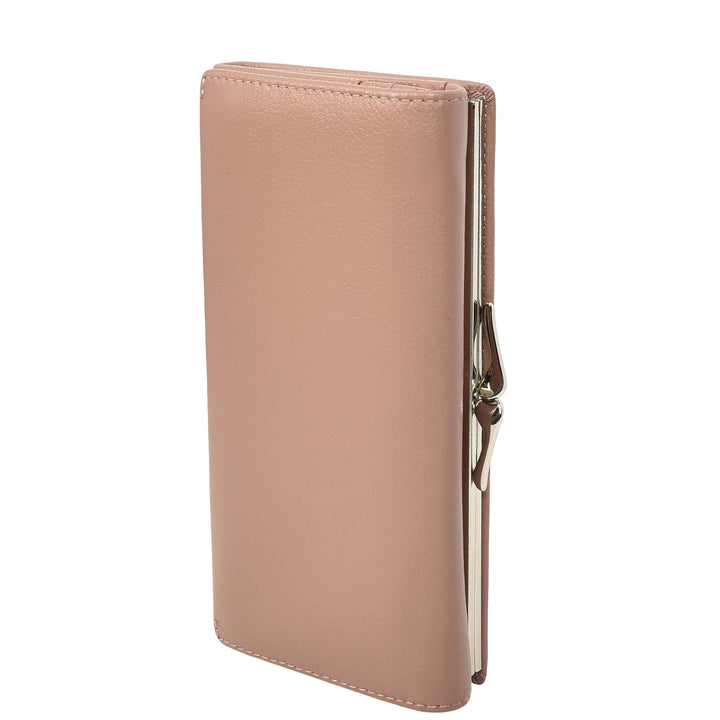 Womens Real Leather Purse Envelope Style with Metal Frame Large Size Clutch Wallet Cumbria Pink